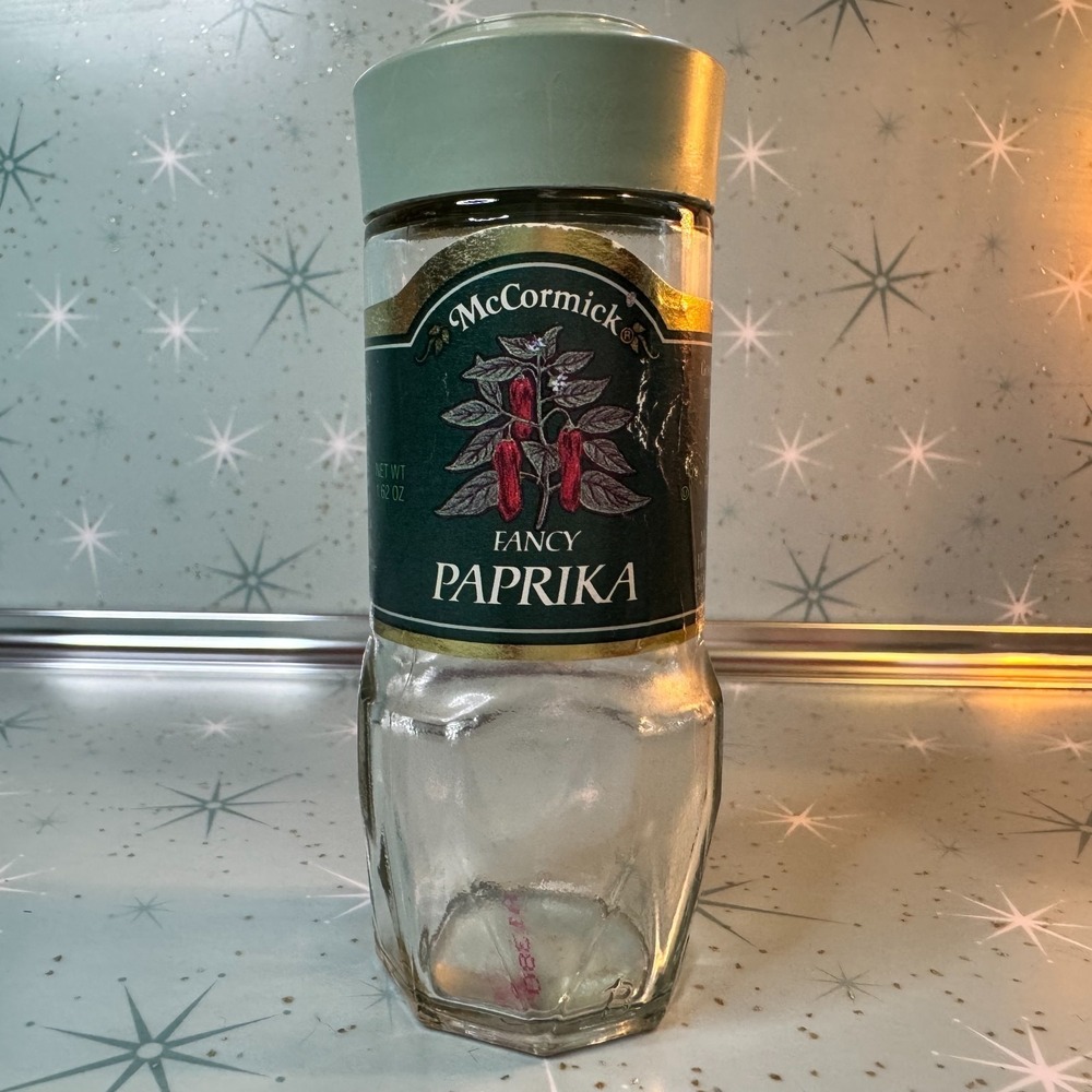 Vintage McCormick Paprika Jar Green Lid & Label Glass Spice Bottle Retro Kitchen